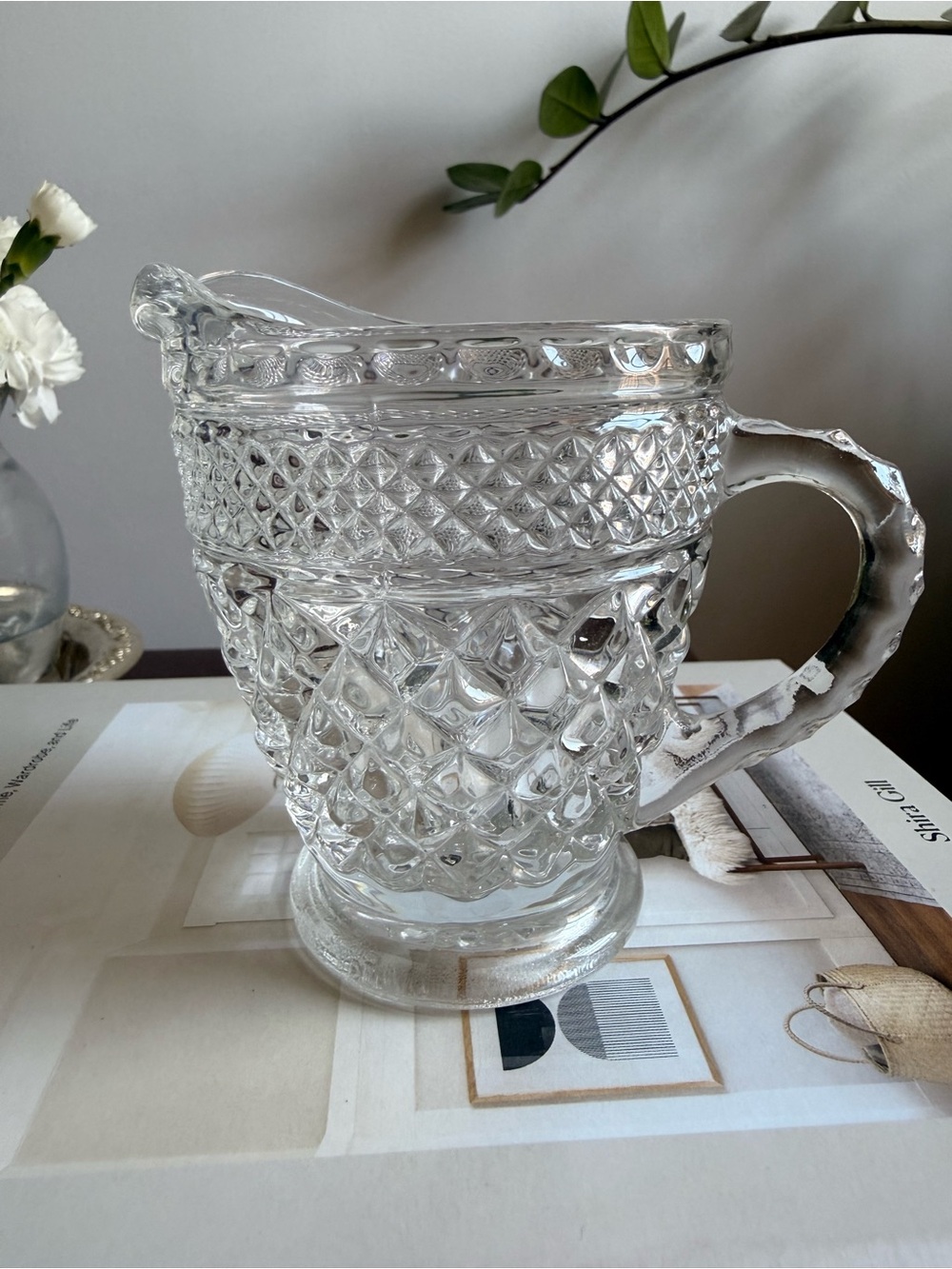Clear Pressed Glass Creamer with Diamond Pattern - Home Dining